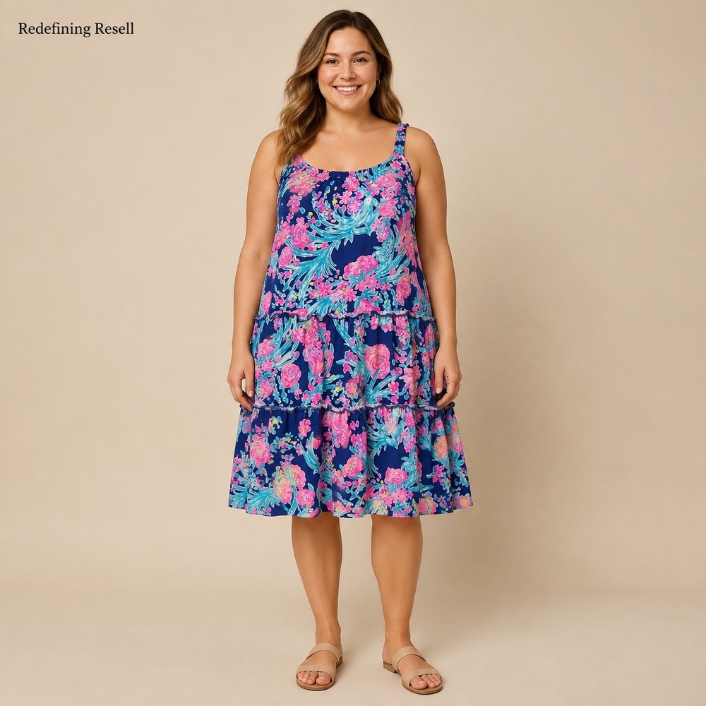 Lilly Pulitzer Blue Pink Floral Cotton Knit Tiered Ruffle Dress Large L